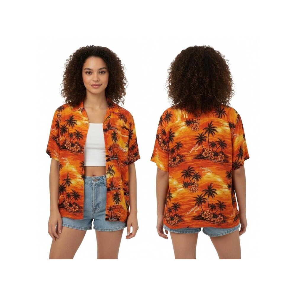 Paradise Hawaiian Shirt Caribbean Islands Palm Trees Orange Button Up M